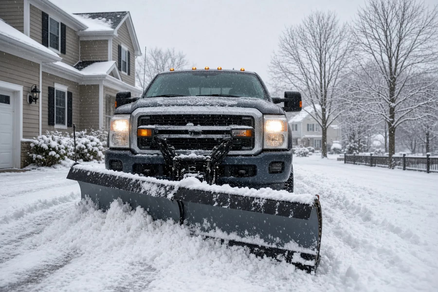 A plow truck clearing a residential driveway during a snowstorm