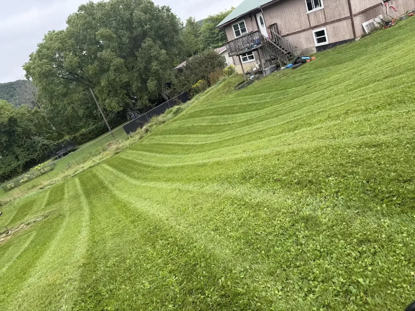 A steep hillside lawn mowed with sweeping stripes running across the slope